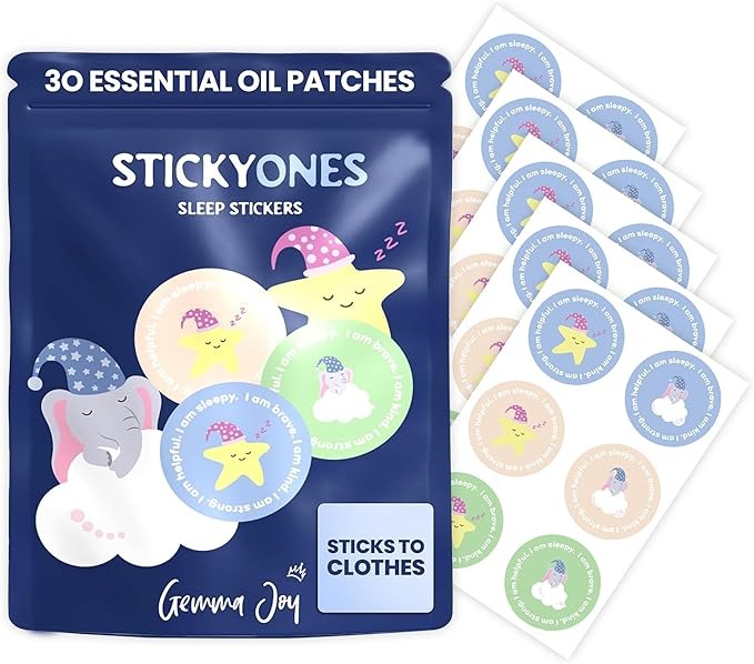 Gemma Joy StickyOnes Sleep Patches for Kids – Toddler Sleep Aid Stickers with Natural Sandalwood, Chamomile & Lavender – Melatonin-Free Sleepy Stickers for Kids, Sticks to Clothes All Night (30 Pack)